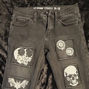 Black Denim Jeans with Skull Patches 28x32